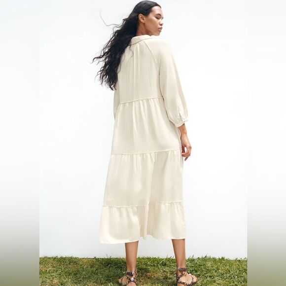 ZARA BOHO LINEN BLEND TIERED MIDI DRESS - Picture 7 of 15